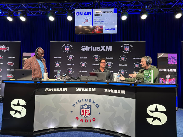 Matthew Coller (right) with Sirius XM Radio at the Super Bowl in Las Vegas.